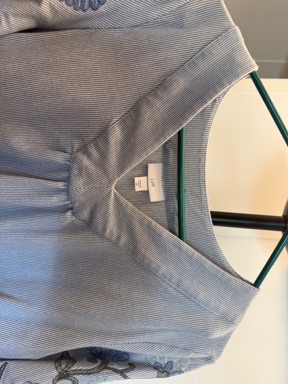 JJILL Embroidered Light Blue Striped V-Neck Blouse - Picture 2 of 6